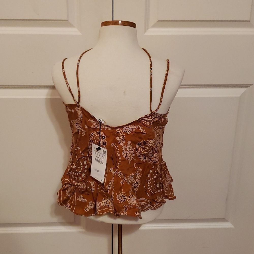 Zara Womens Rust Brown Paisley Bandana Print Ruffle Camisole Top Small 4886/070 - Picture 2 of 5